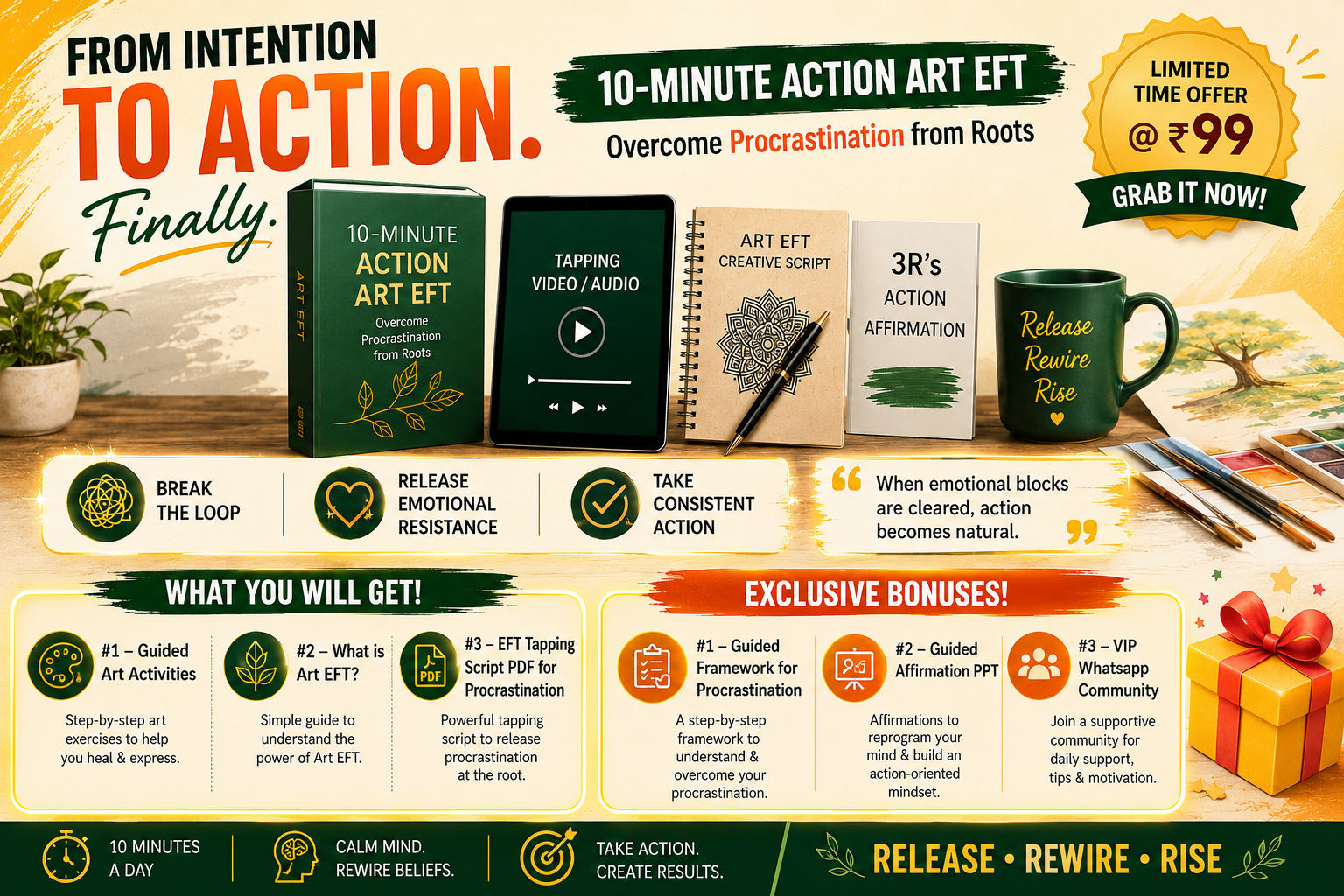 The complete Art Therapy for Procrastination bundle — videos, scripts, affirmations, audios and the Massive Healing Journey book