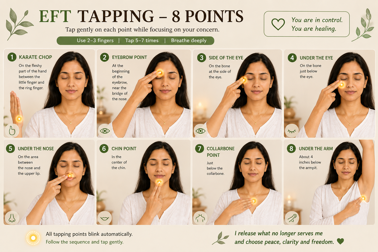 EFT Tapping — 8 points guide showing the karate chop, eyebrow, side of eye, under eye, under nose, chin, collarbone and under arm tapping points