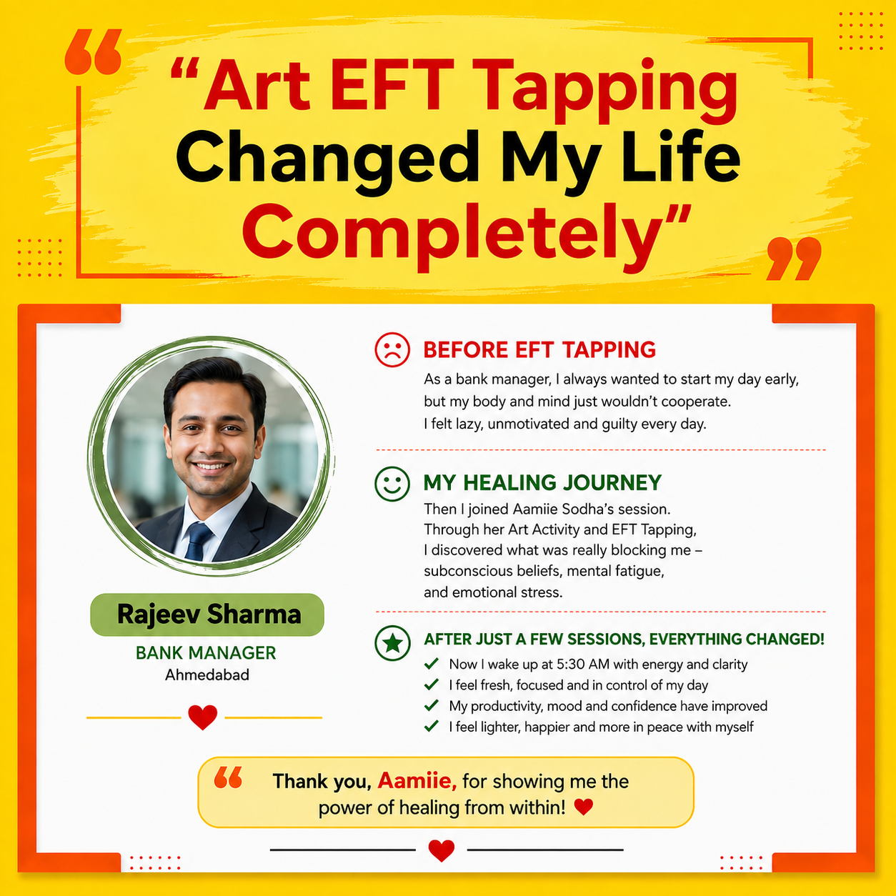 Rajeev Sharma, bank manager — now wakes at 5:30 AM with energy and focus after Art Therapy tapping