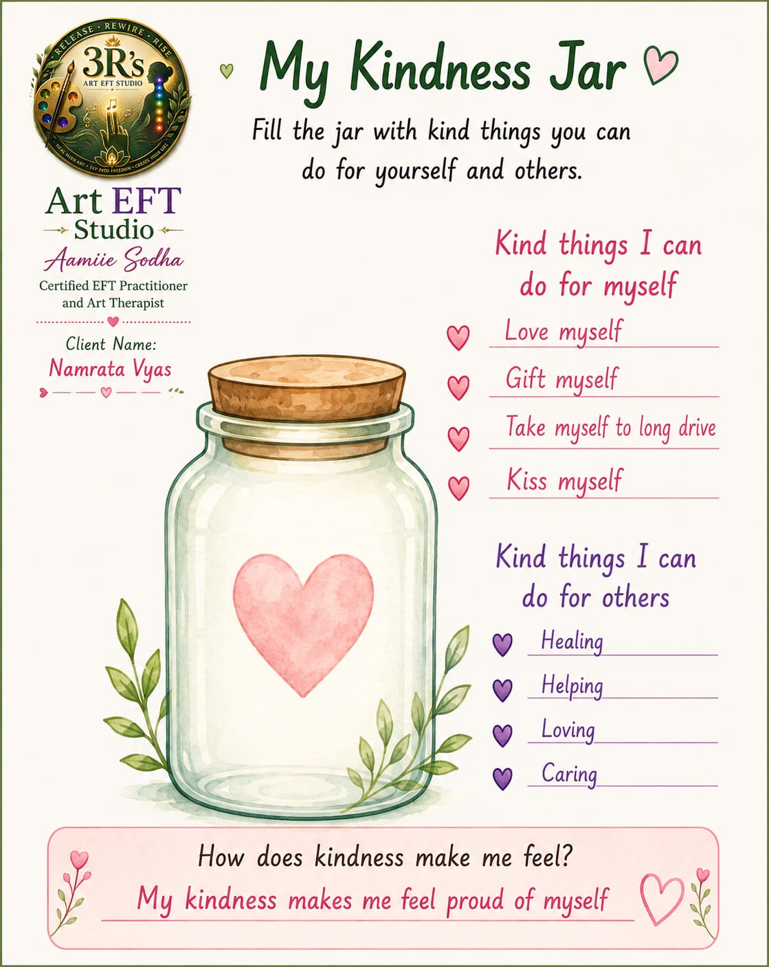 My Kindness Jar — Art Therapy activity sheet