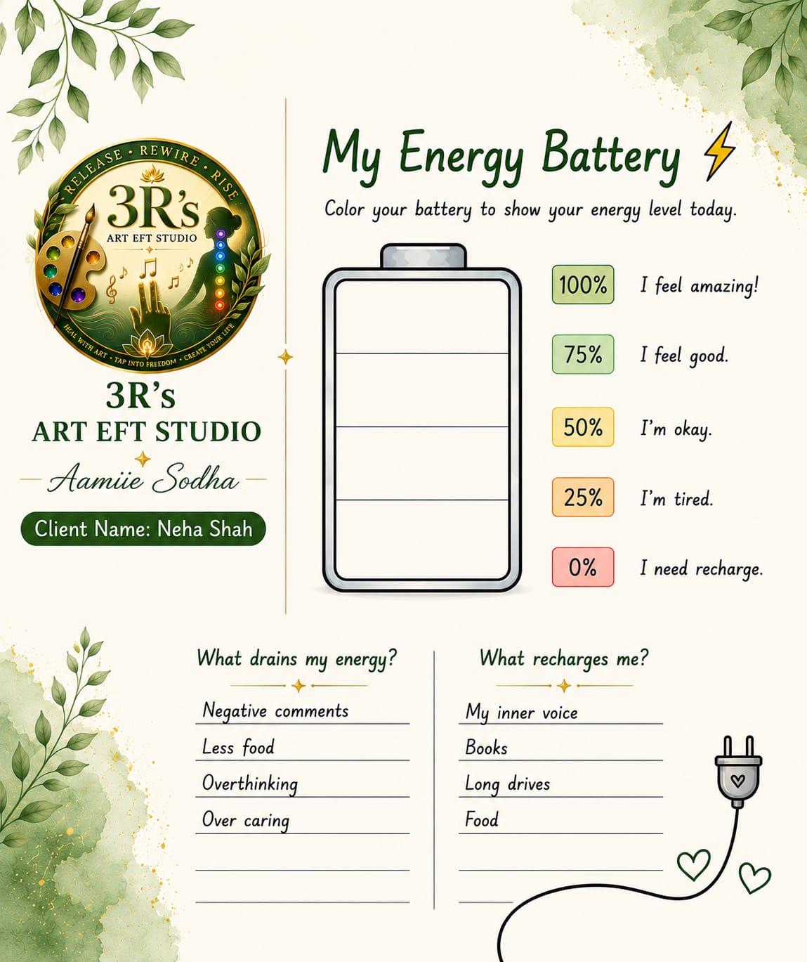 My Energy Battery — Art Therapy activity sheet