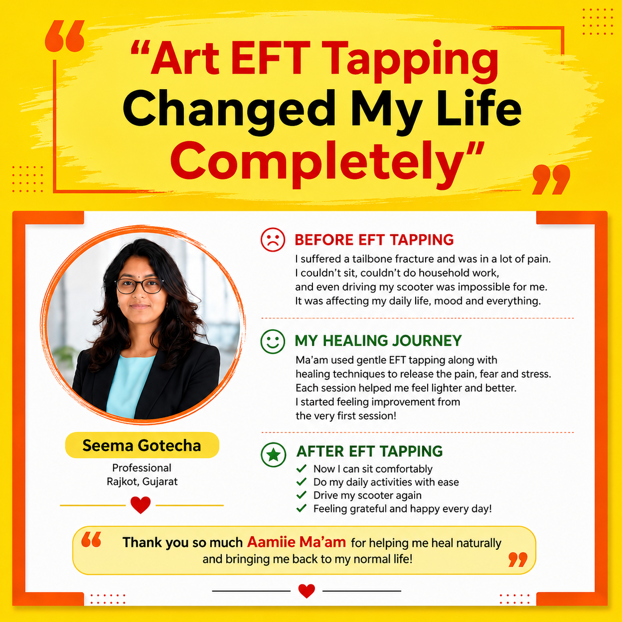 Seema Gotecha — healed tailbone pain and returned to daily life with Art Therapy tapping