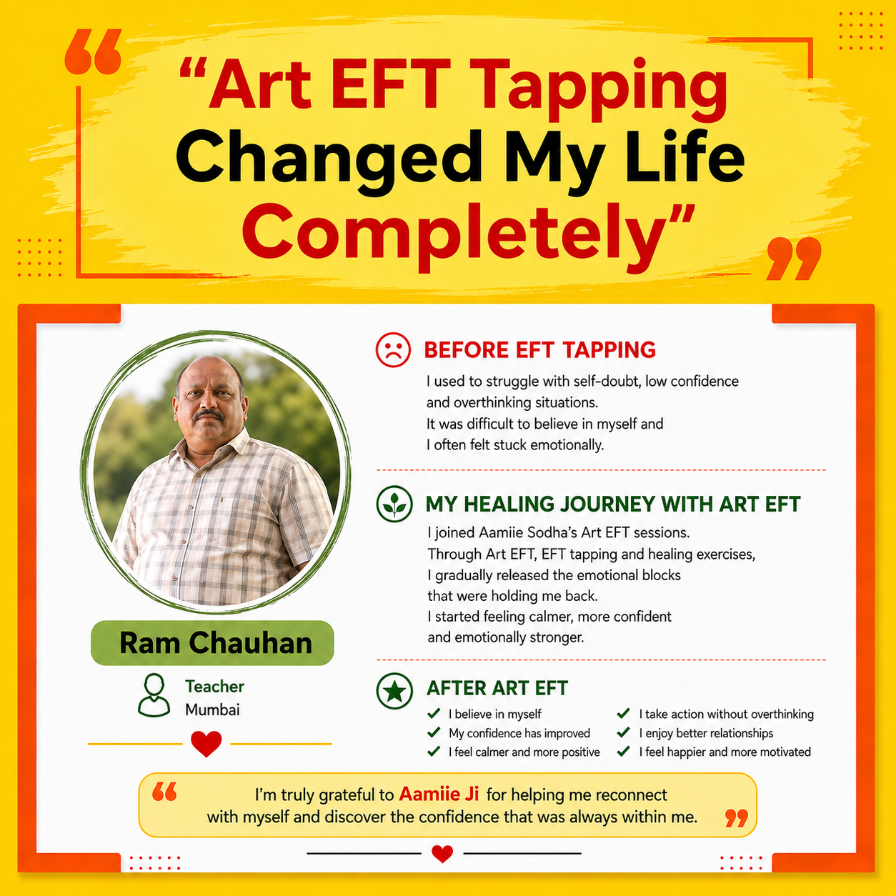 Ram Chauhan, teacher from Mumbai — released self-doubt and overthinking with Art Therapy tapping